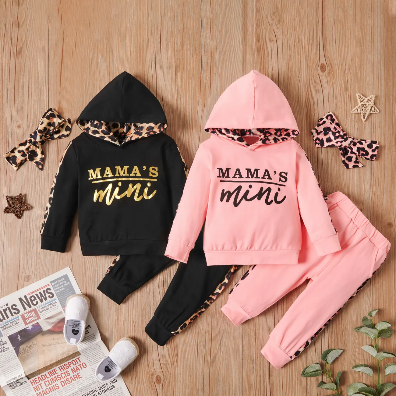 100% Cotton 3pcs Leopard and Letter Print Hooded Long-sleeve Baby Set Pink big image 1