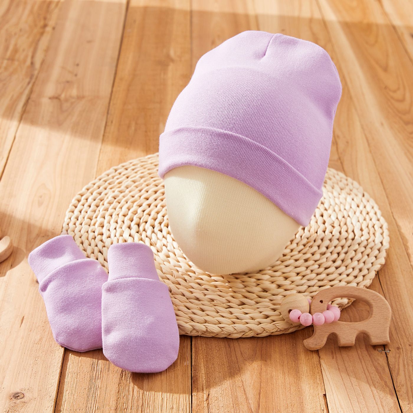 2-piece Baby Solid Anti-scratch Hat And Glove Set