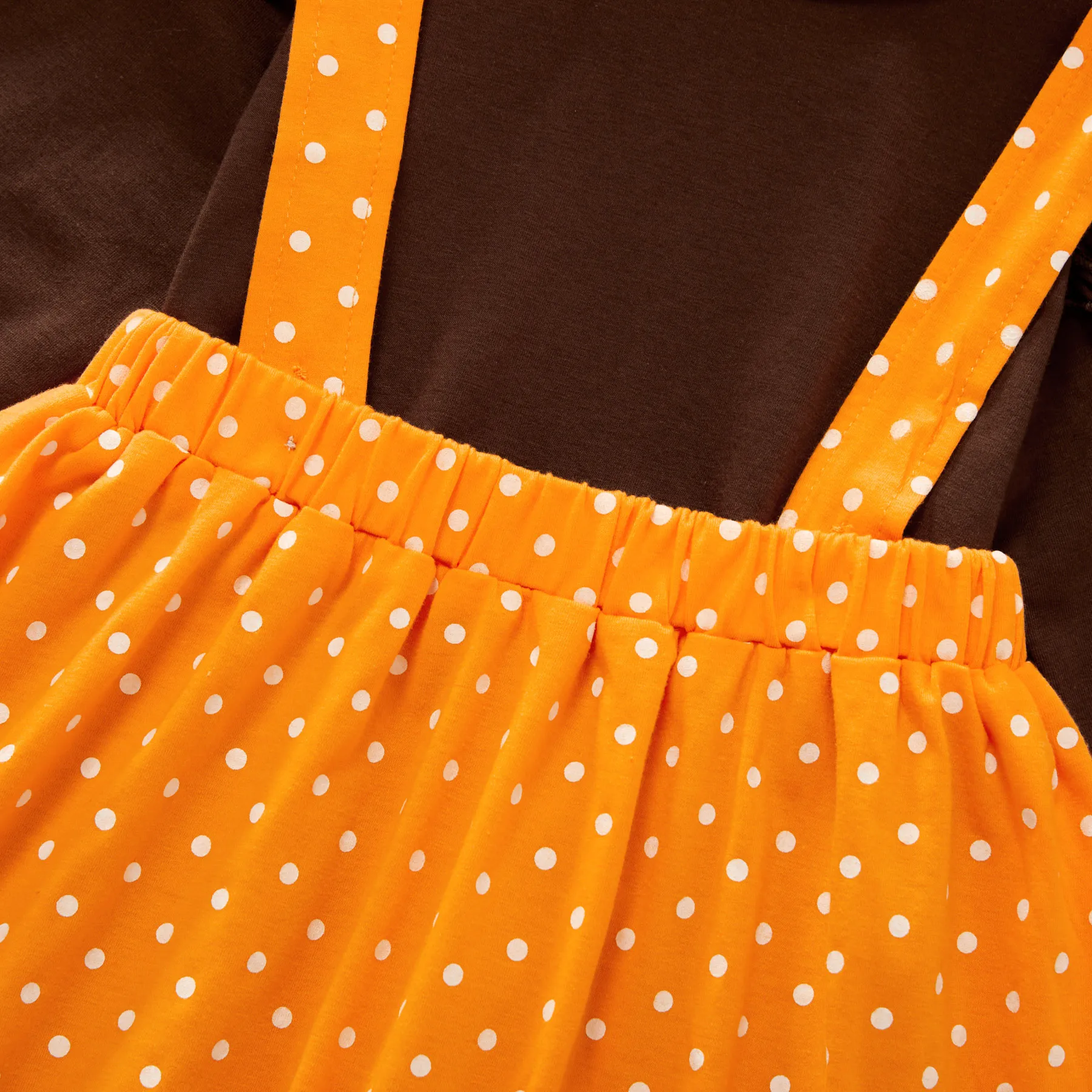 2-piece Toddler Girl Thanksgiving Ruffled Long-sleeve Solid Top and Polka dots Turkey Embroidery Suspender Skirt Set Brown image 6