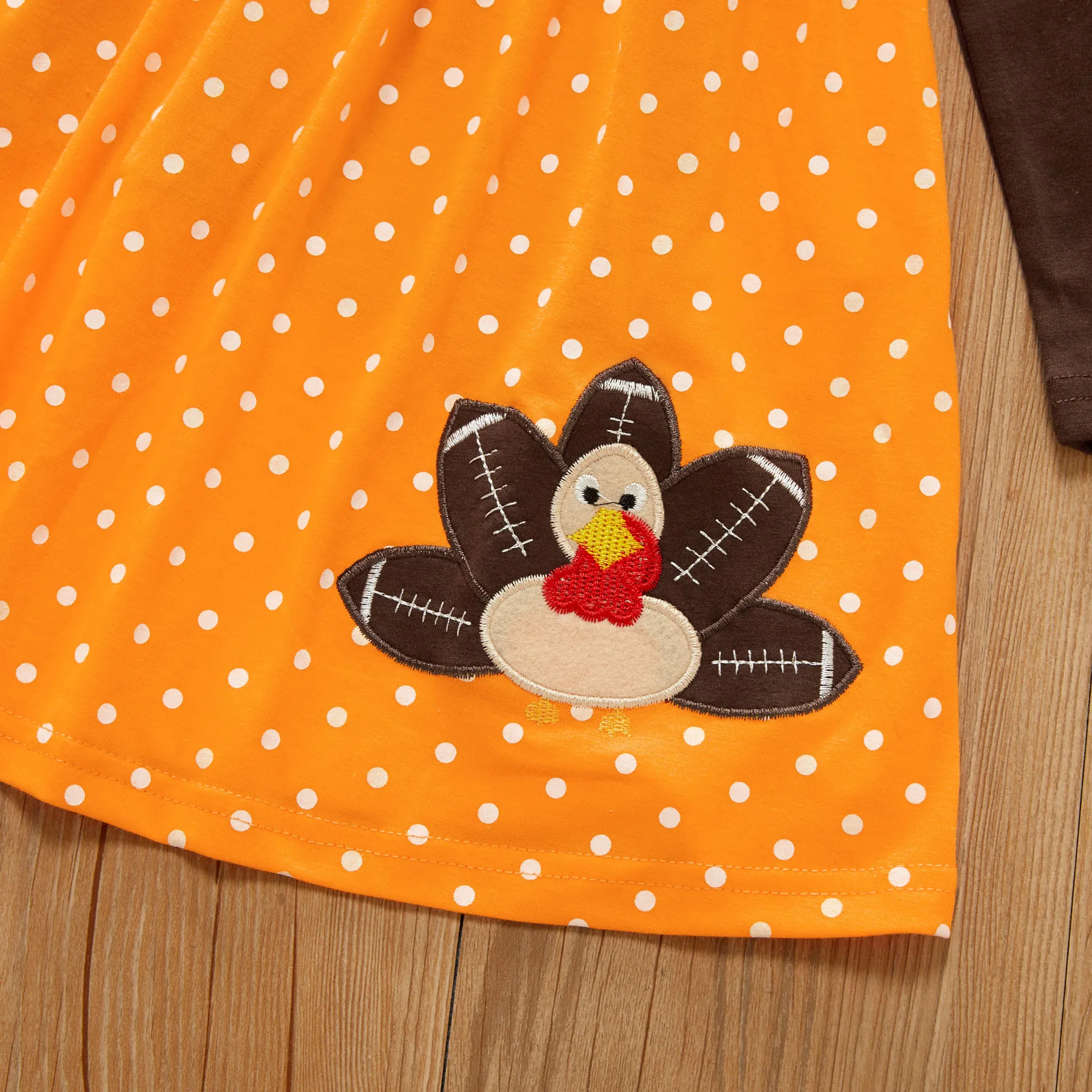 2-piece Toddler Girl Thanksgiving Ruffled Long-sleeve Solid Top and Polka dots Turkey Embroidery Suspender Skirt Set Brown image 5