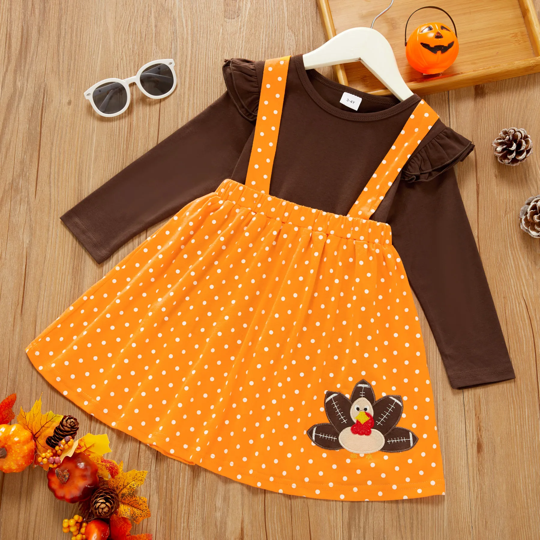 2-piece Toddler Girl Thanksgiving Ruffled Long-sleeve Solid Top and Polka dots Turkey Embroidery Suspender Skirt Set Brown big image 1
