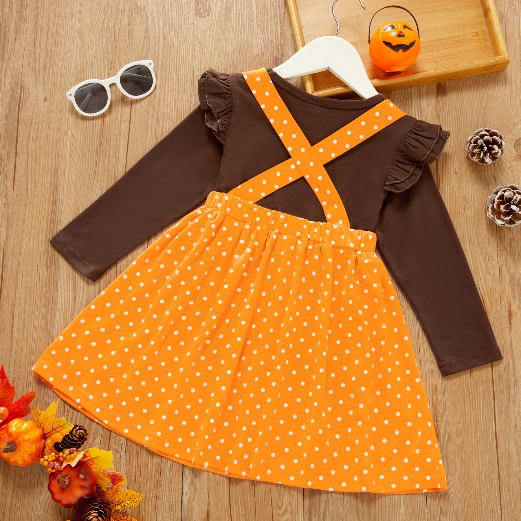2-piece Toddler Girl Thanksgiving Ruffled Long-sleeve Solid Top and Polka dots Turkey Embroidery Suspender Skirt Set Brown image 2