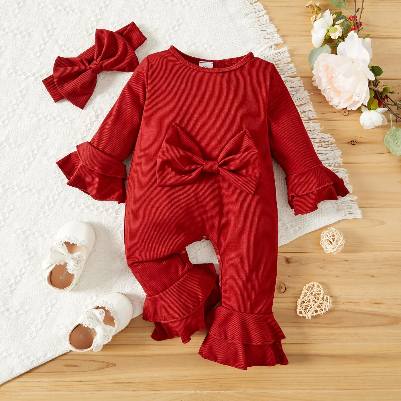 

Ribbed 2pcs Solid Red Flare-sleeve Bowknot Baby Jumpsuits Set