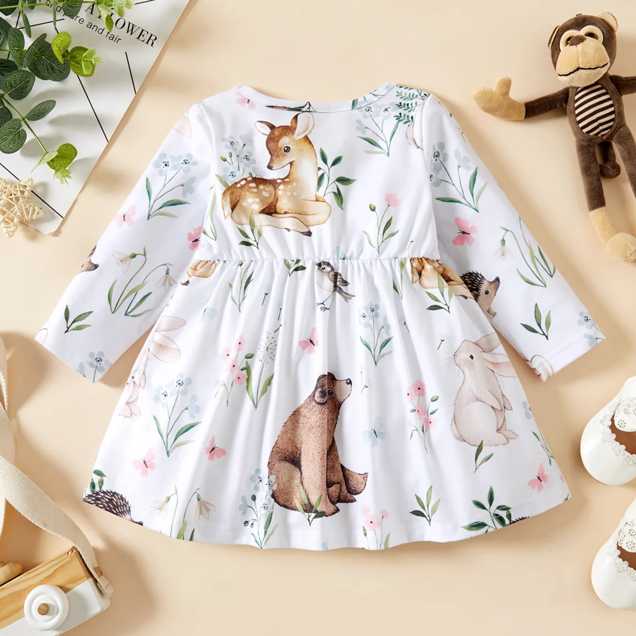 Baby Girl Animals and Plants Print White Long-sleeve Dress Color block big image 1