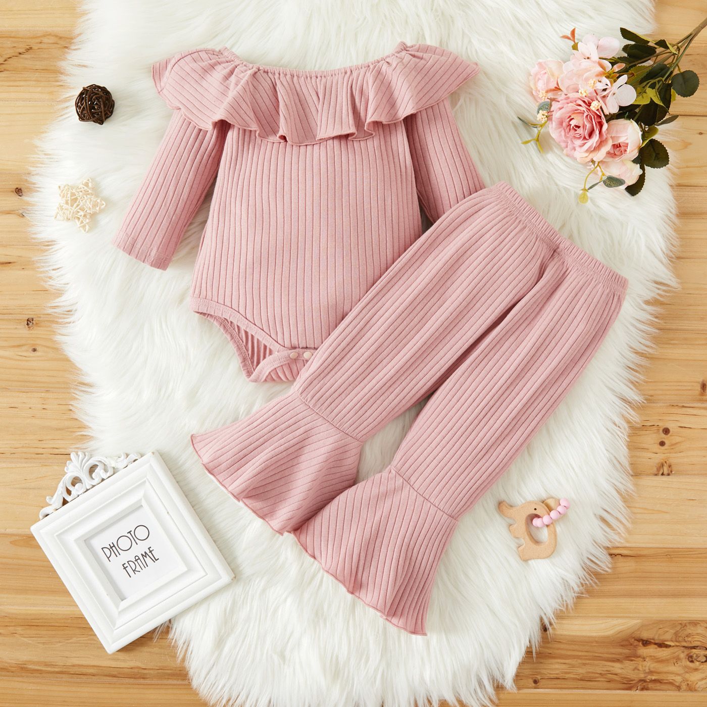 2pcs Baby Solid Ribbed Long-sleeve Top and Trousers Set