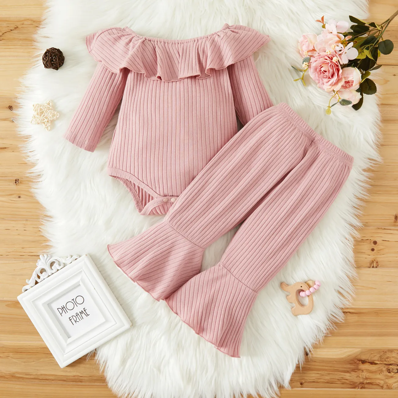 Baby Girl 2pcs Solid Ribbed Ruffle Long-sleeve Romper and Flared Pants Set Pink big image 1