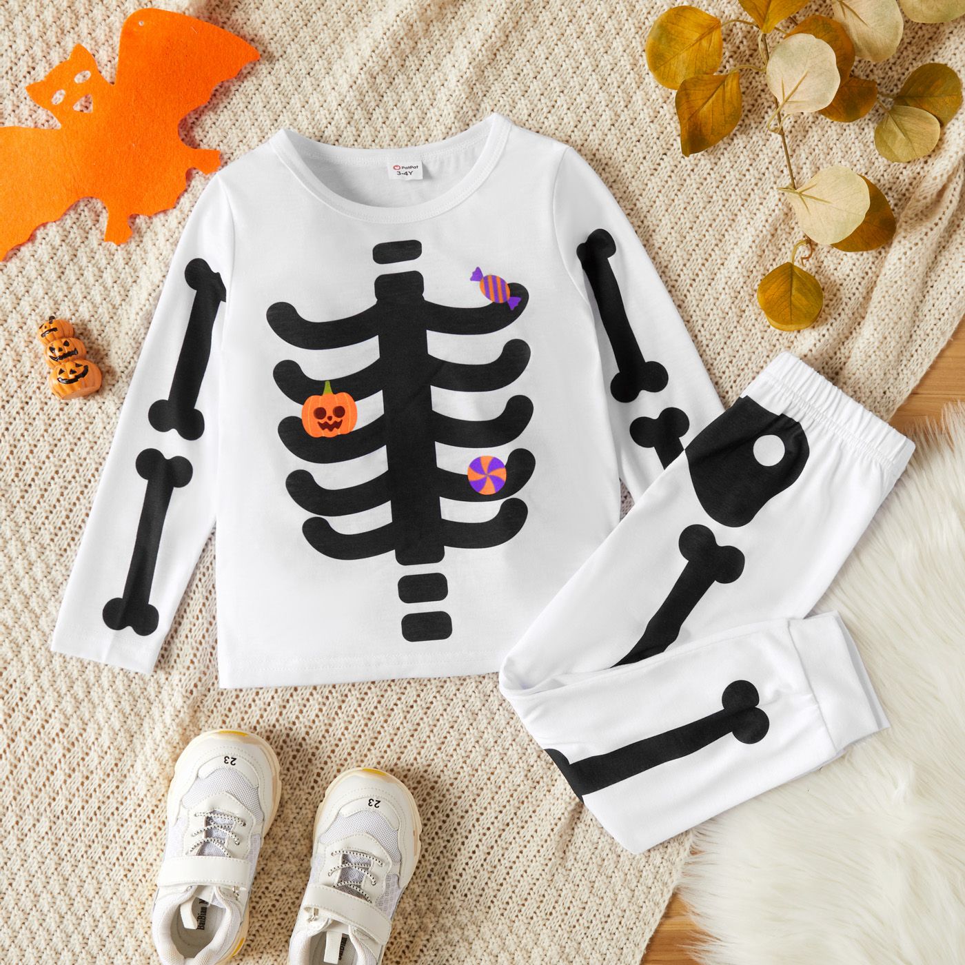 2-piece Toddler Boy/Girl Halloween Pumpkin Bone Print Pullover And Elasticized Pants Set