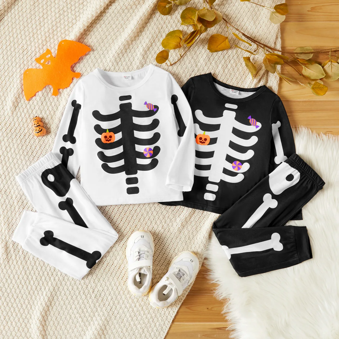 2-piece Toddler Boy/Girl Halloween Pumpkin Bone Print Pullover and Elasticized Pants Set White big image 1