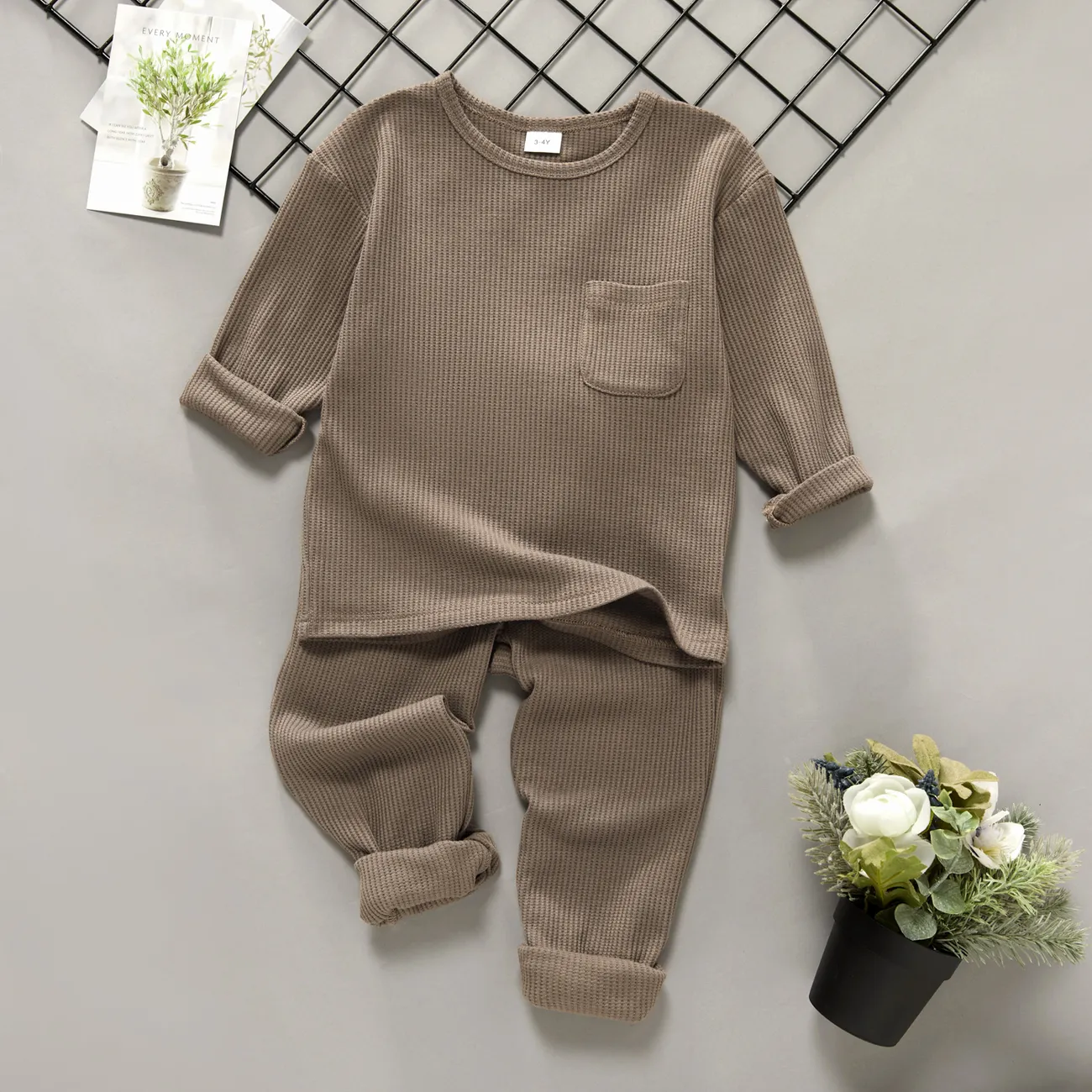 2-piece Toddler Boy/Girl Round-collar Long-sleeve Ribbed Solid Top with Pocket and Elasticized Pants Casual Set Khaki big image 1
