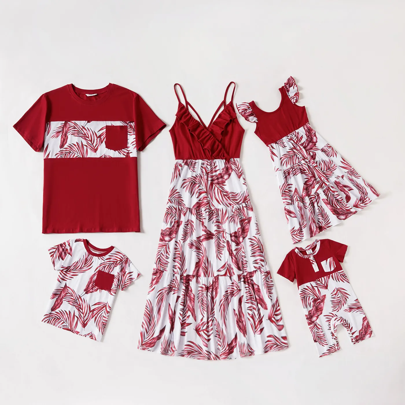 Mosaic Leaves Print Family Matching Stitching Sets Burgundy