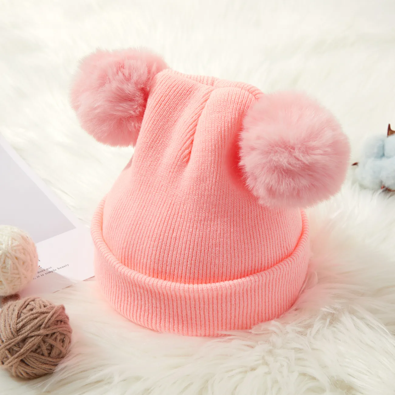 嬰幼兒純色絨球針織無簷小便帽 粉色 big image 1