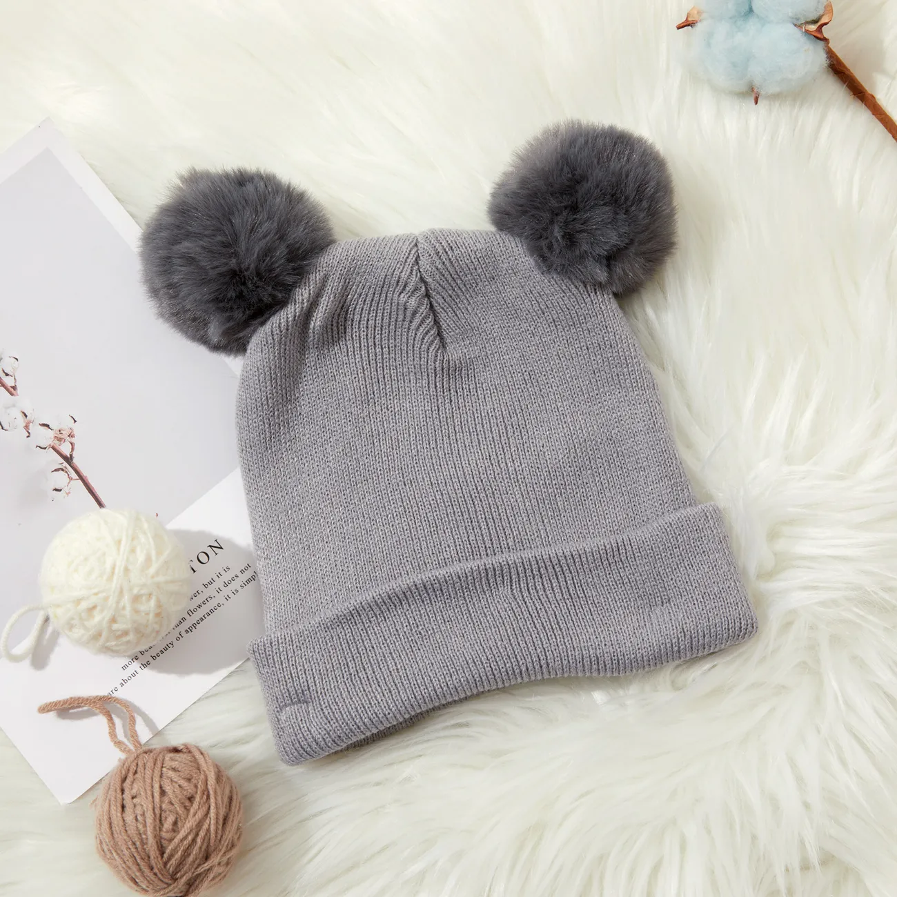 Baby / Toddler Solid Pompon Knitted Beanie Hat Grey big image 1
