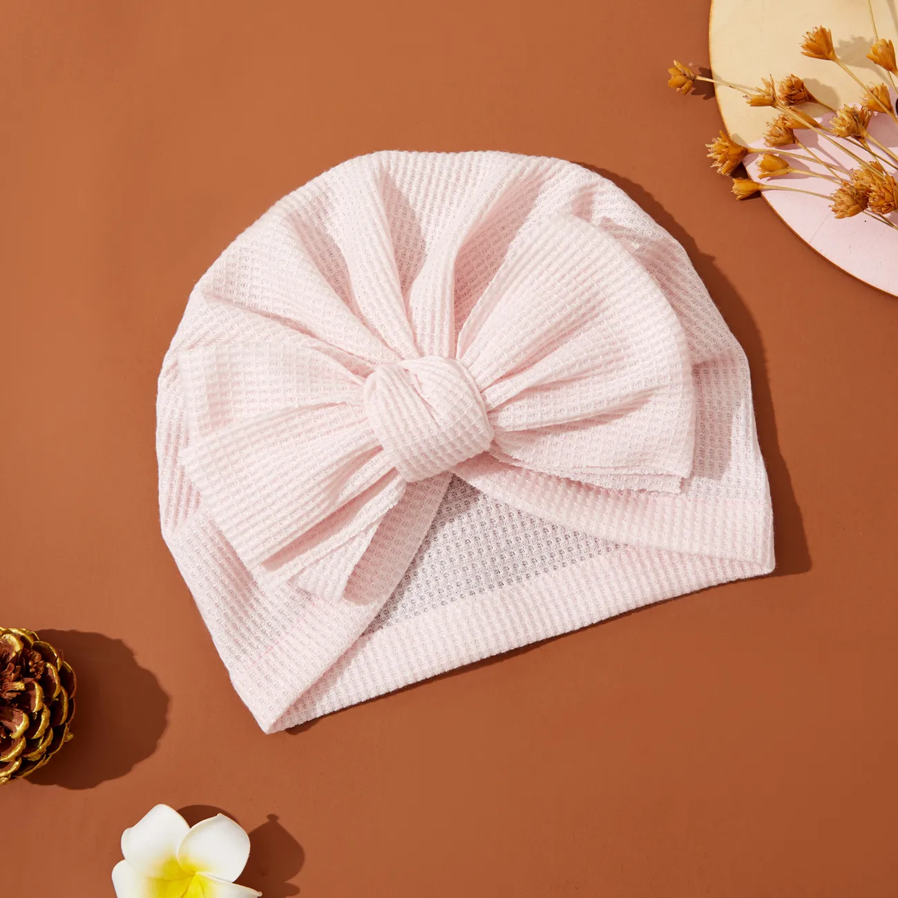 Baby Solid Bow Decor Waffle Hat Light Pink big image 1