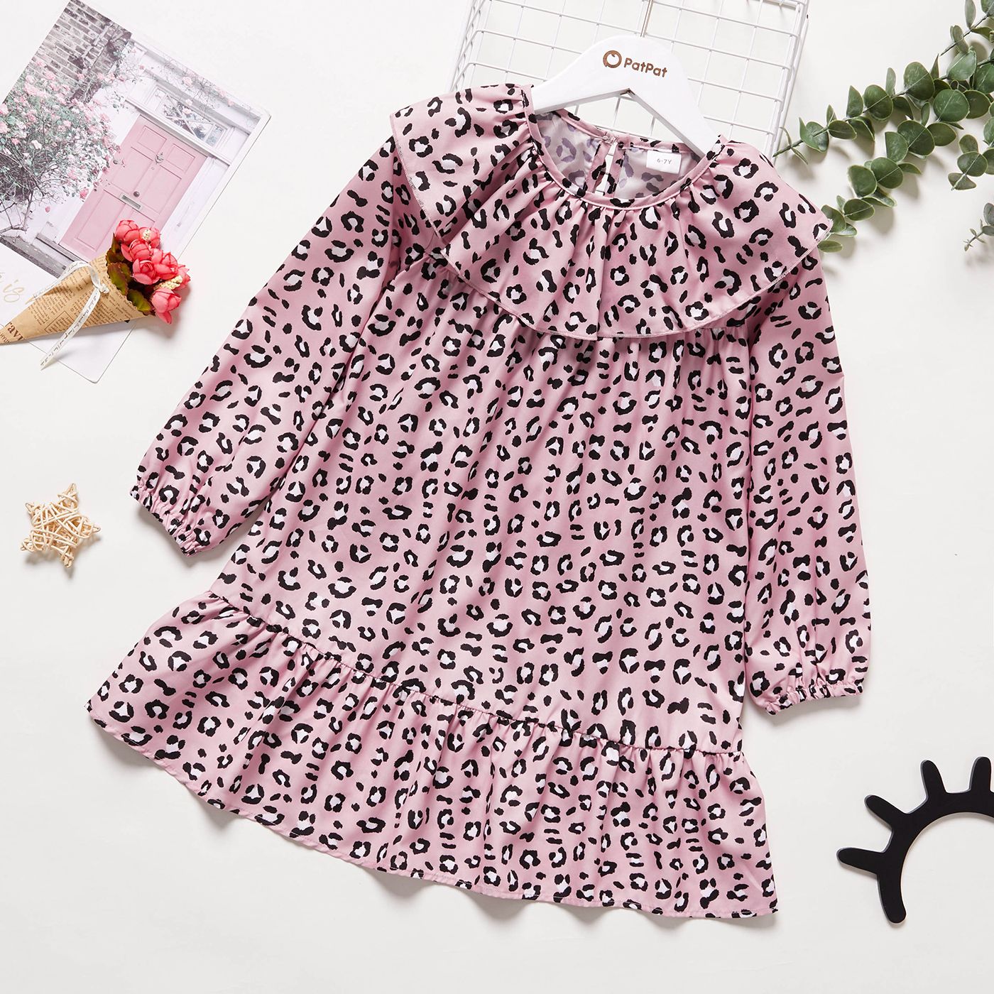 

Kid Girl Doll Collar Leopard Print Long-sleeve Loose Dress