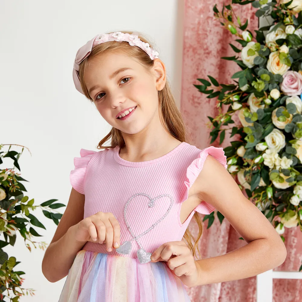 bellissimo vestito da festa in maglia arcobaleno a forma di cuore con maniche a mosca principessa da bambina big image 4