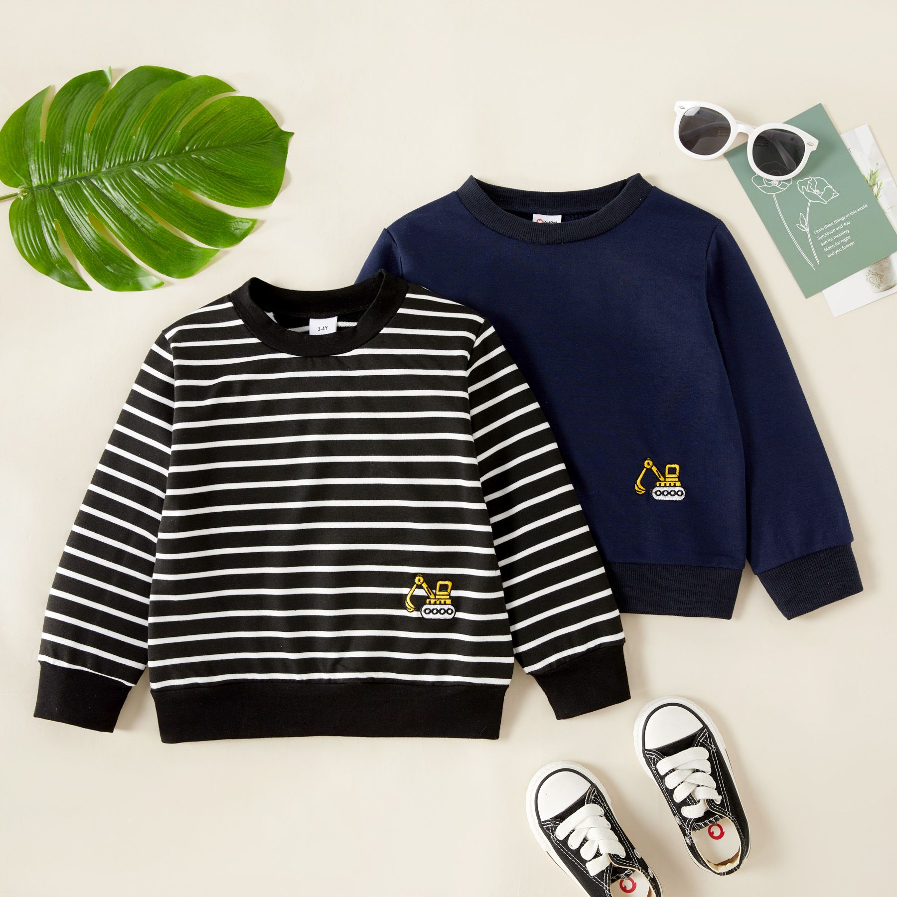 Toddler Boy Excavator Embroidered Stripe/Solid Pullover Sweatshirt