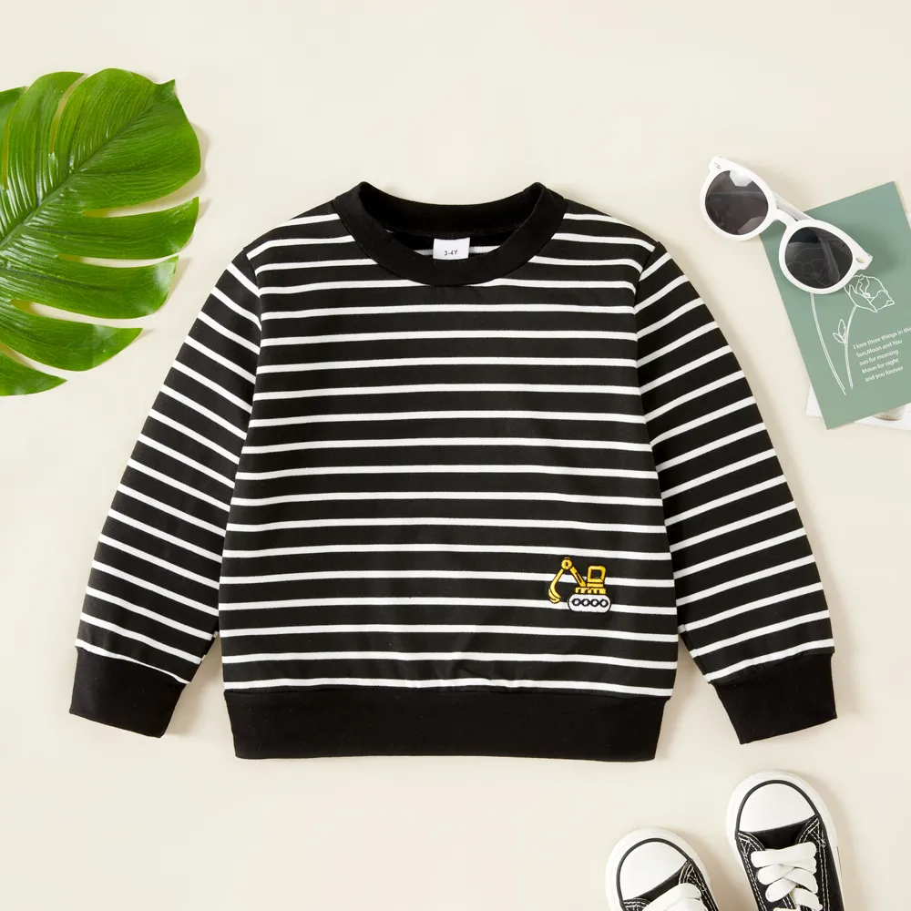 Toddler Boy Excavator Embroidered Stripe/Solid Pullover Sweatshirt  big image 1