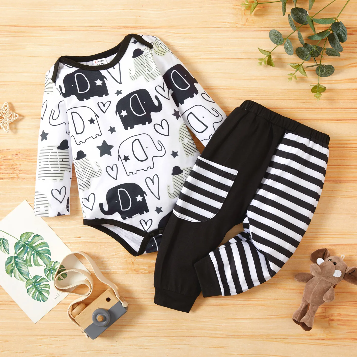 Baby Boy 2pcs Elephant and Stripe Print Black and White Romper Set Black/White big image 1