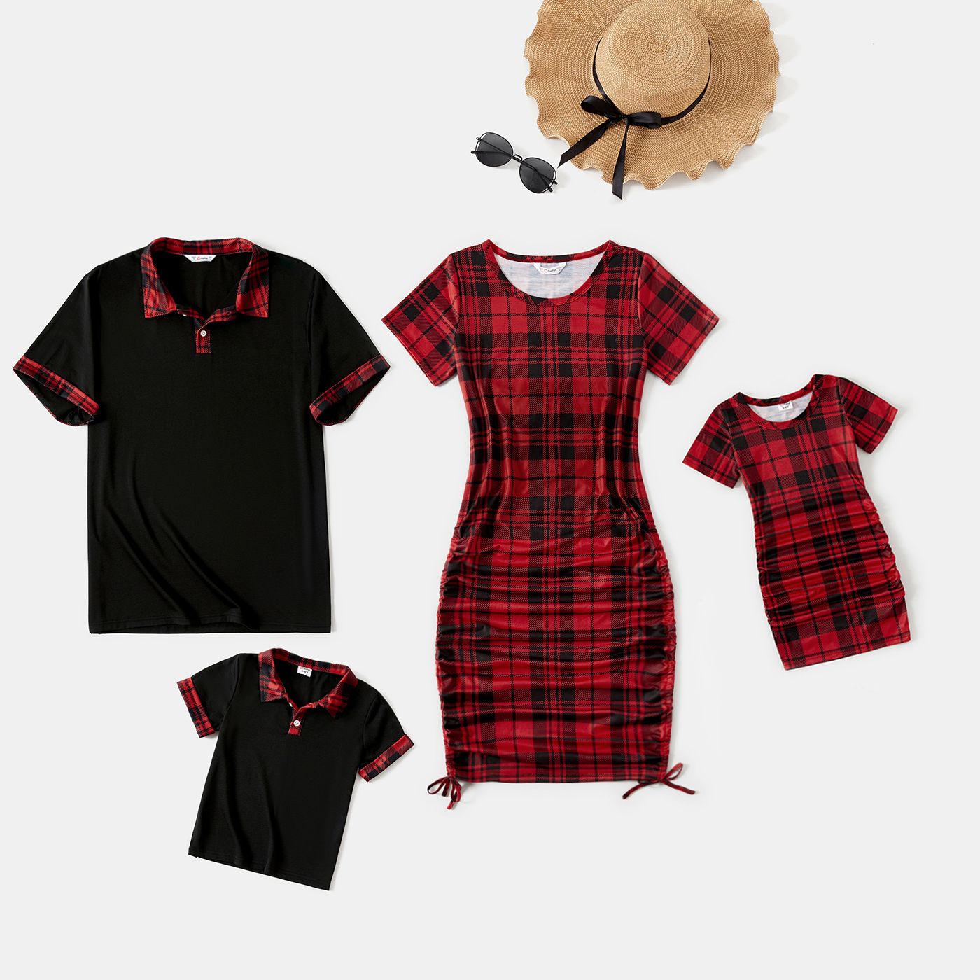 

Family Matching Red Plaid Short-sleeve Mini Dresses and Polo Shirts Sets