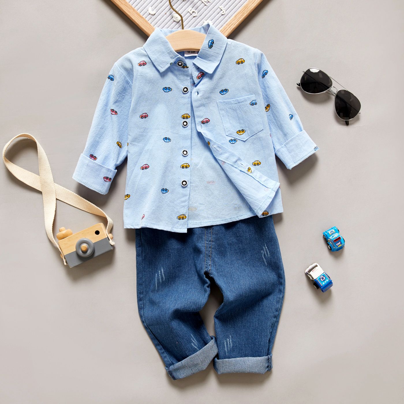 2-piece Toddler Boy Car Print Lapel Collar Button Down Long-sleeve Shirt and Jeans Denim Pants Set