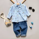 2-piece Toddler Boy Car Print Lapel Collar Button Down Long-sleeve Shirt and Jeans Denim Pants Set Blue
