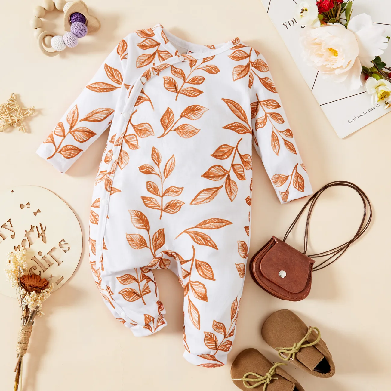 Baby Girl Leaves Print White/Brown Long-sleeve Jumpsuit White big image 1