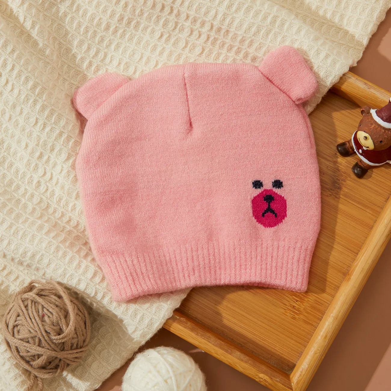 Baby Bear Design Knitted Beanie Hat Pink big image 1