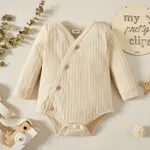 Baby Girl Solid Ribbed V Neck Long-sleeve Romper Apricot