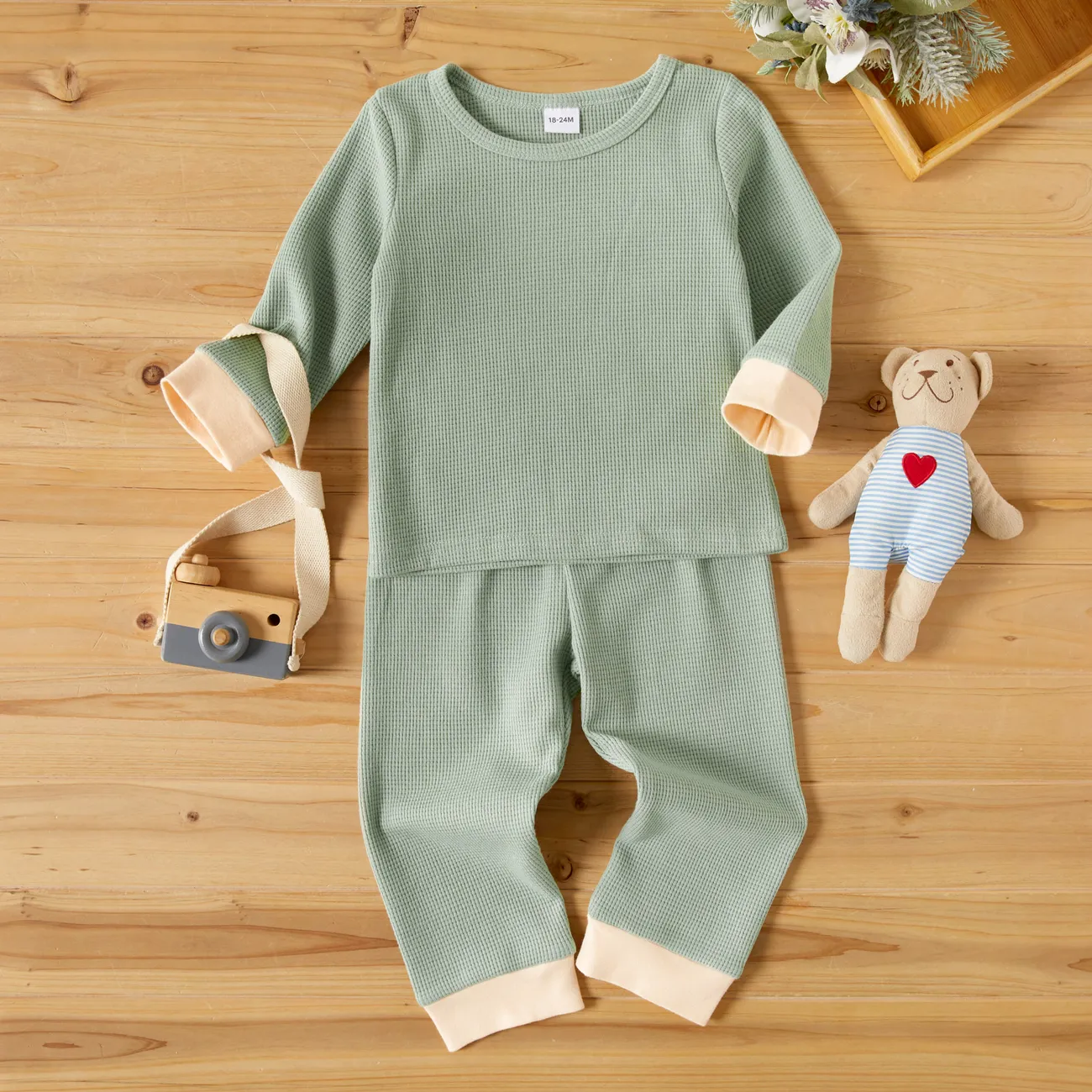 2-piece Toddler Girl/Boy Waffle Knit Long-sleeve Top and Elasticized Pants Casual Set  big image 1