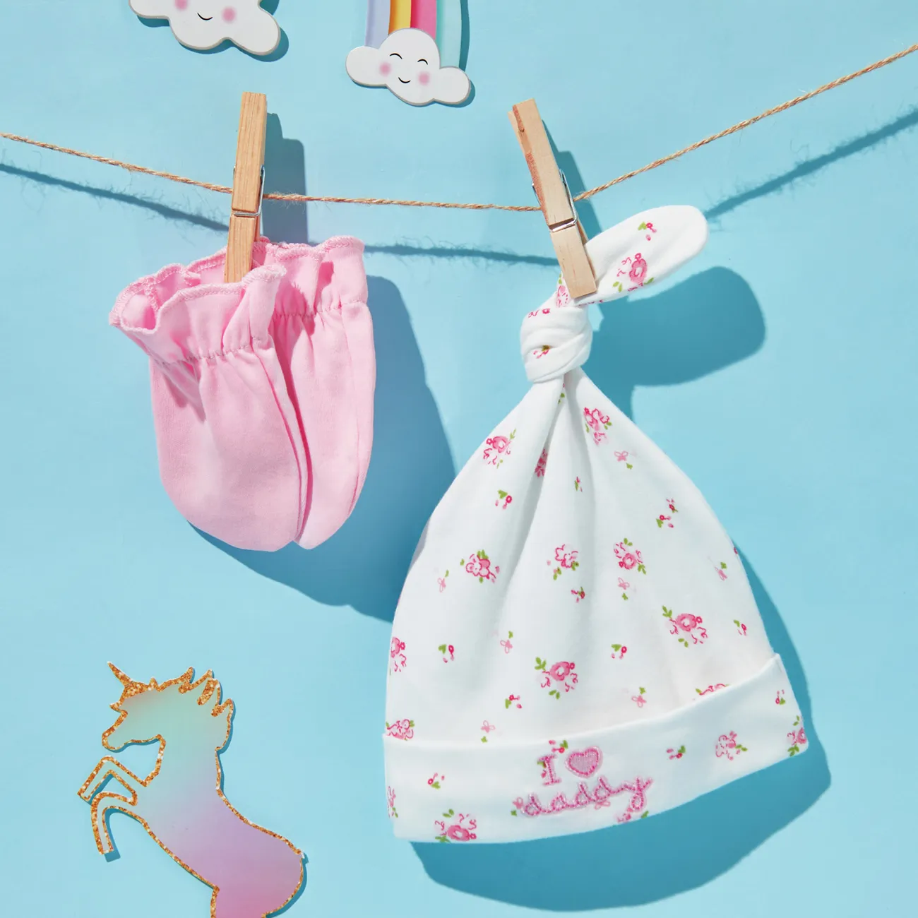 4 peças flor animal bebê padrão de luvas anti-riscos e chapéu e meias set Branco big image 1