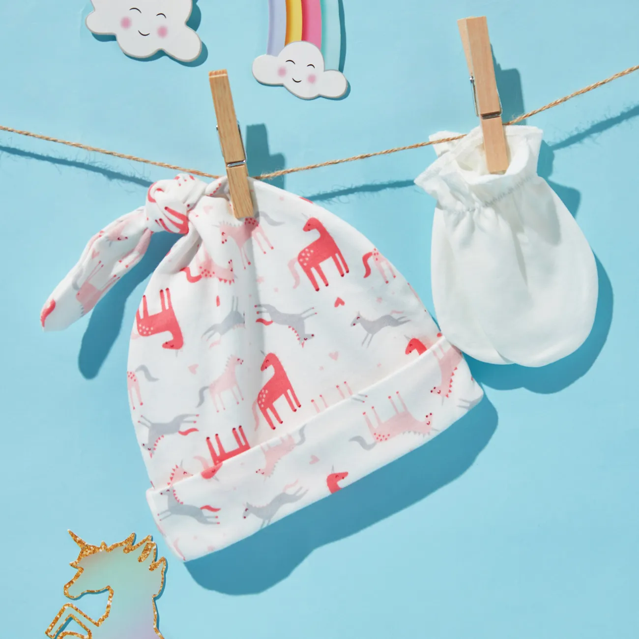 4 peças flor animal bebê padrão de luvas anti-riscos e chapéu e meias set Branco big image 1