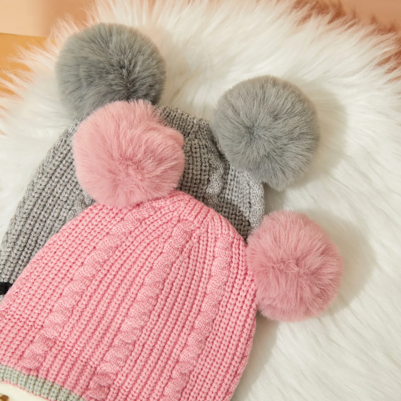 Bola de pelo de una pieza de gorro de lana de punto de invierno para niños pequeños (bolas decorativas al azar) Rosado big image 1