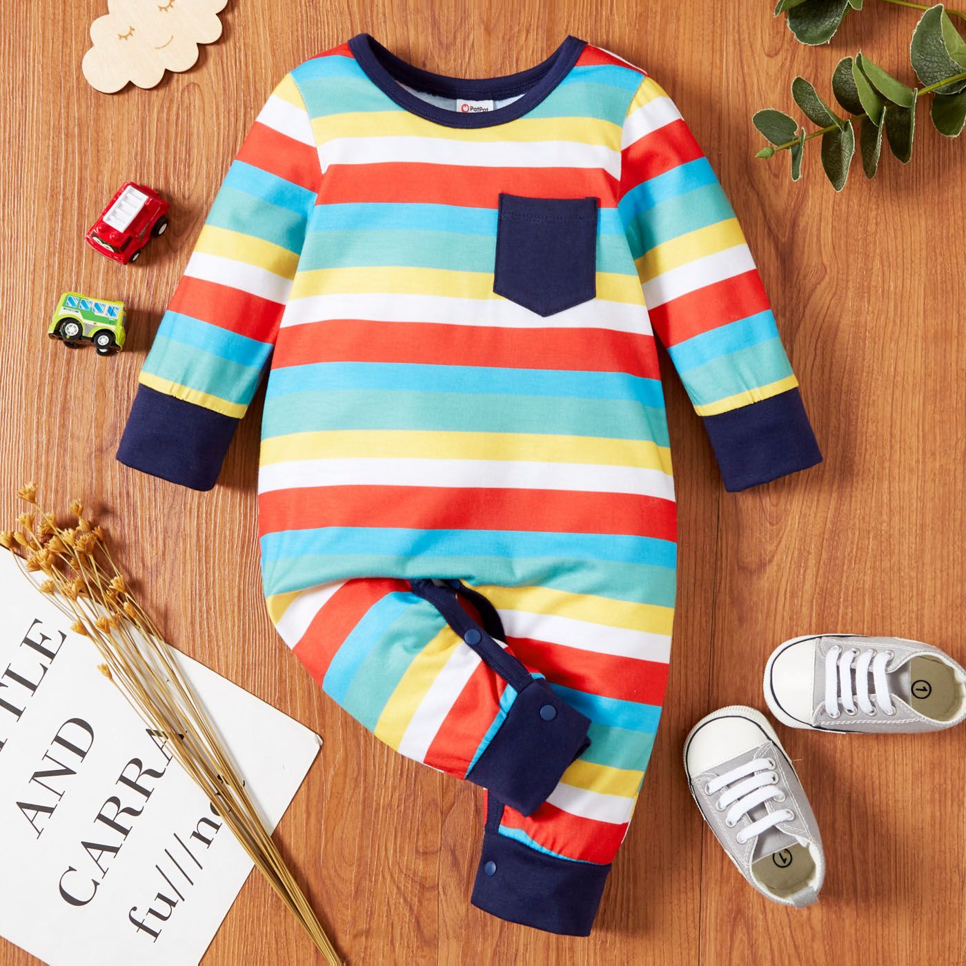

Baby Boy Striped/Cartoon Car Print Colorblock Long-sleeve Jumpsuit
