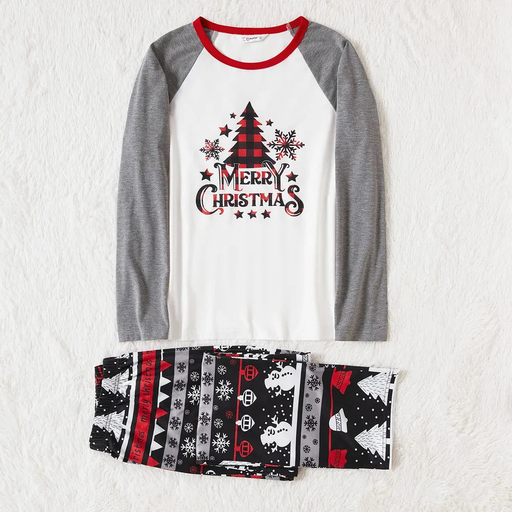 Christmas Tree Snowflake and Letters Print Grey Family Matching Long-sleeve Pajamas Sets (Flame Resistant)  big image 13