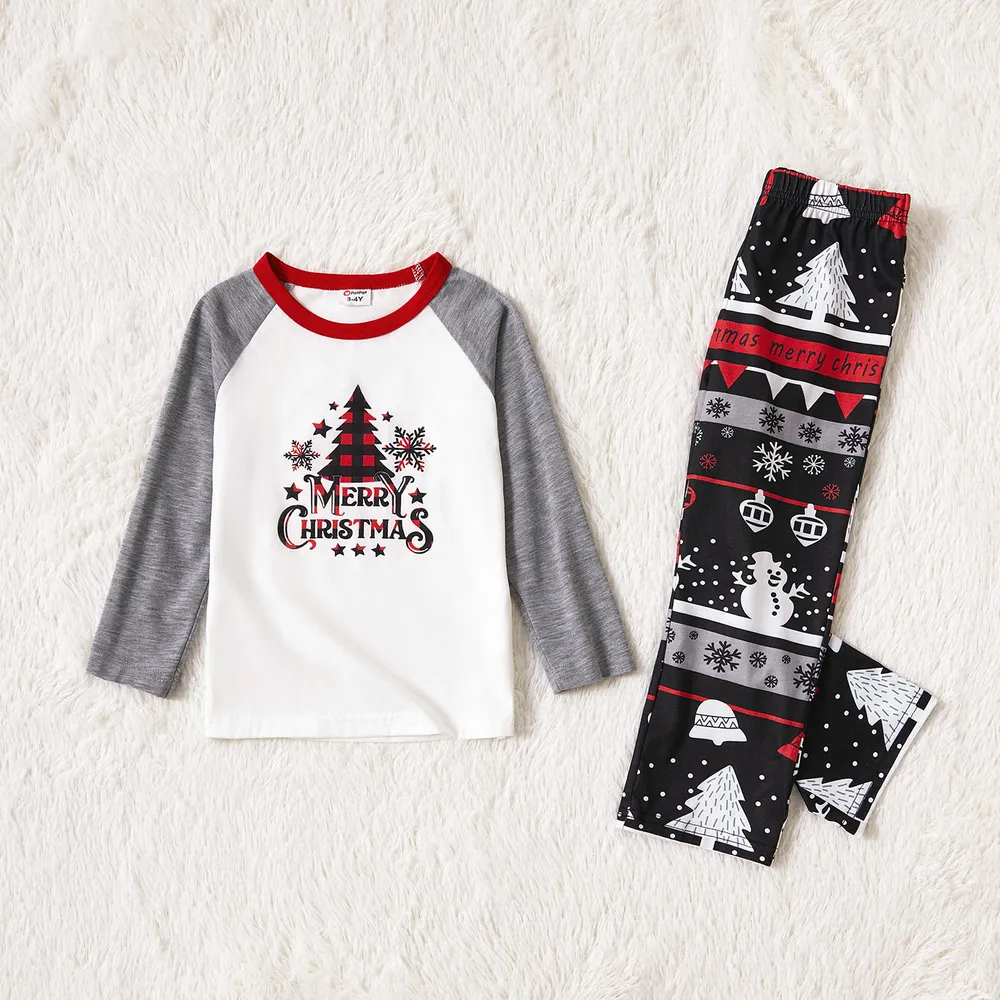 Christmas Tree Snowflake and Letters Print Grey Family Matching Long-sleeve Pajamas Sets (Flame Resistant) big image 6
