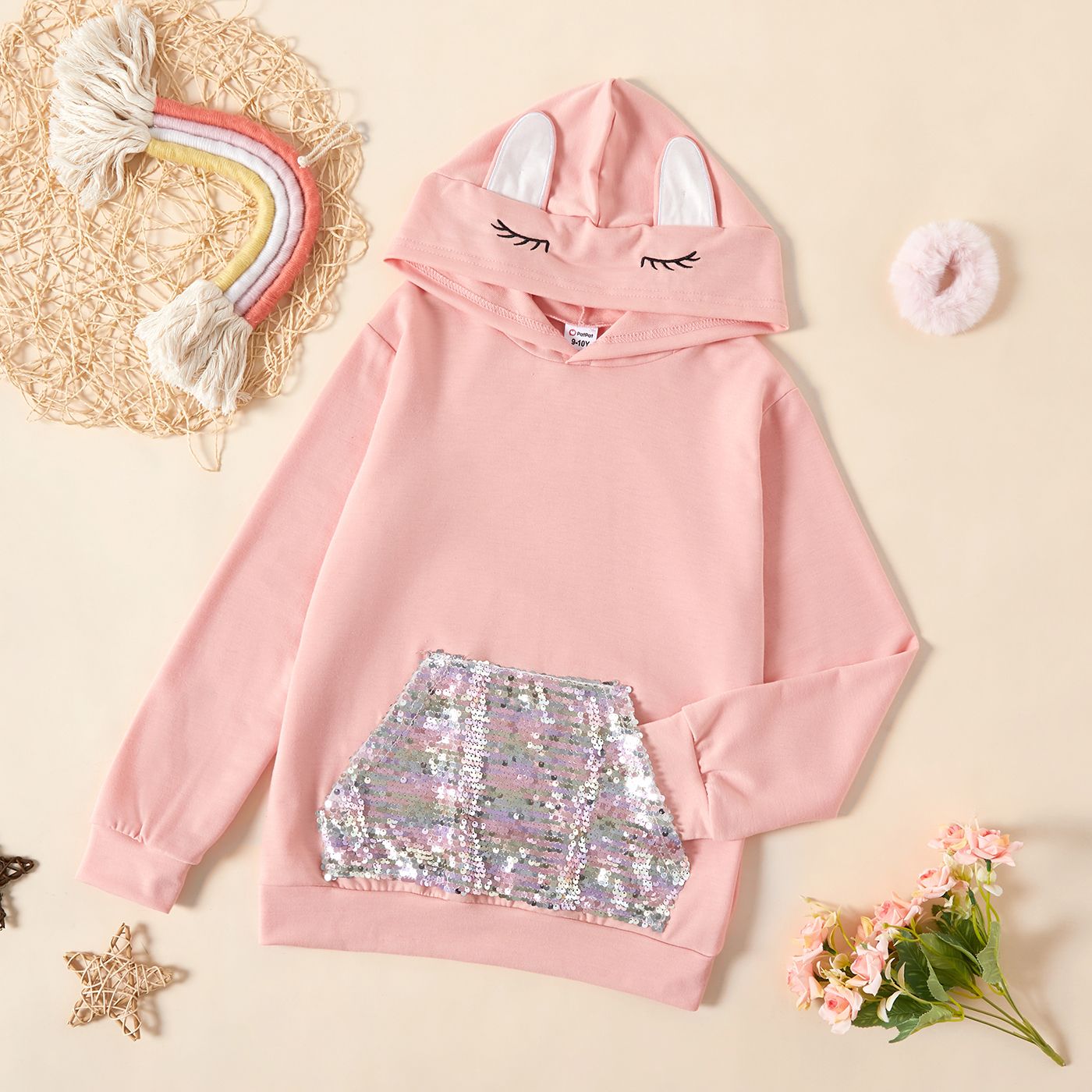 Kid Girl Sequined Pocket Eyelash Ear Design Casual Hoodie Sweatshirt