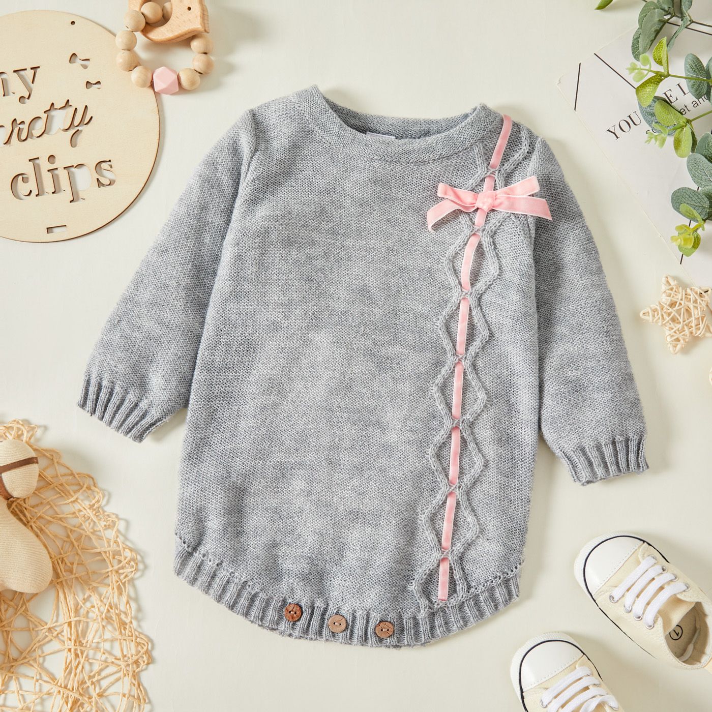 Baby Girl Bowknot Long-sleeve Knitting Sweater Romper
