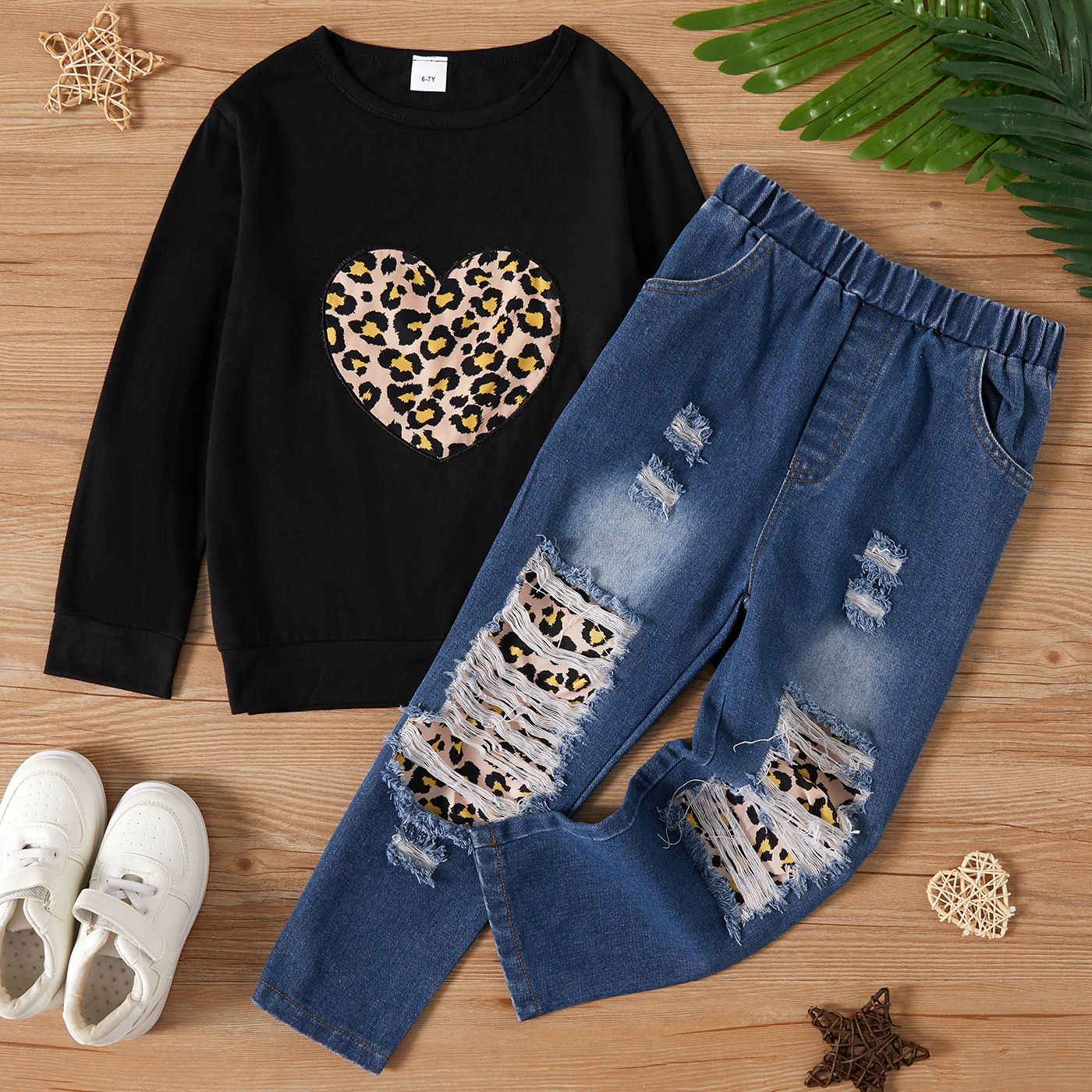 2-piece Kid Girl Leopard Heart Print Black Pullover Sweatshirt and Patchwork Ripped Jeans Denim Pant