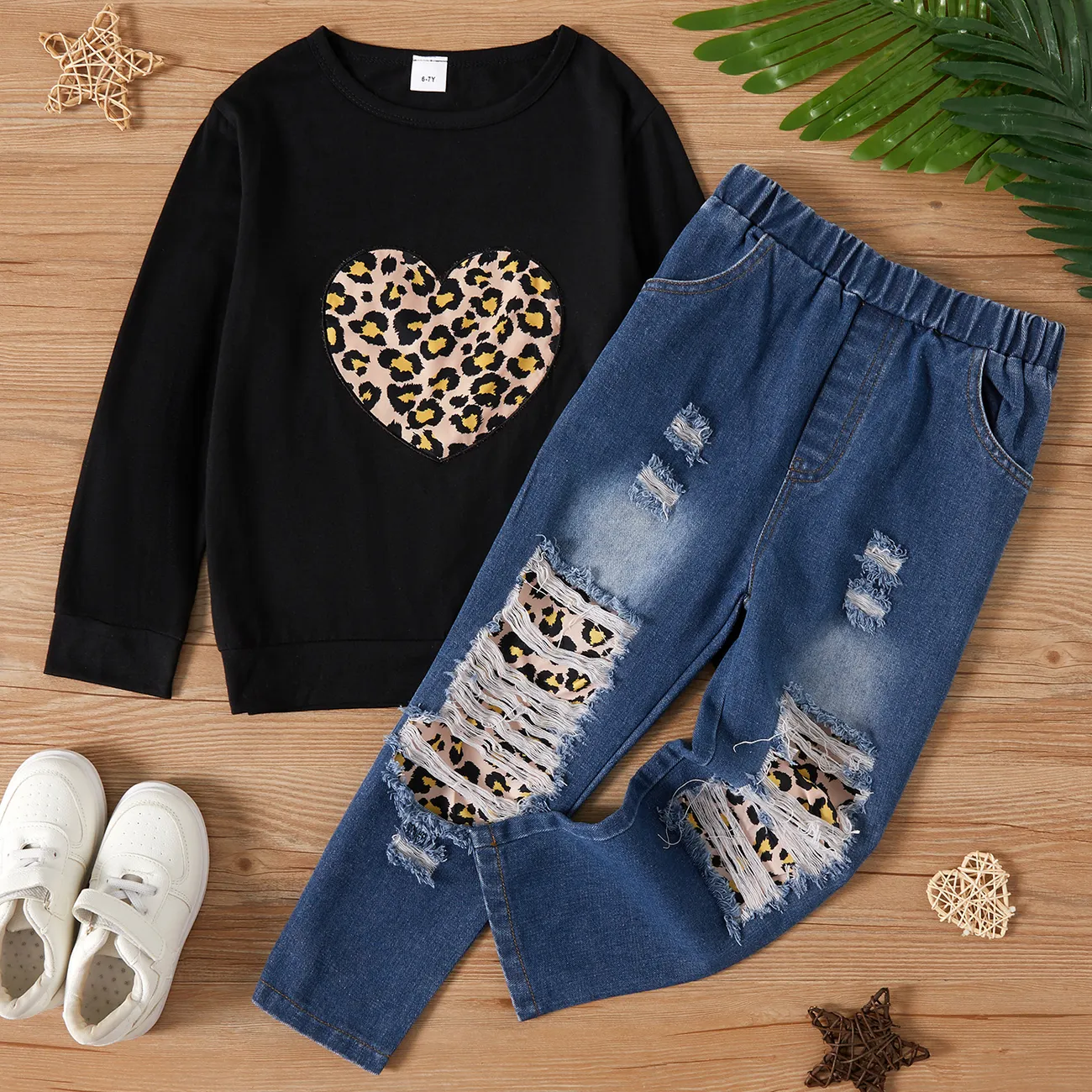 2-piece Kid Girl Leopard Heart Print Black Pullover Sweatshirt and Patchwork Ripped Jeans Denim Pants Set  big image 1