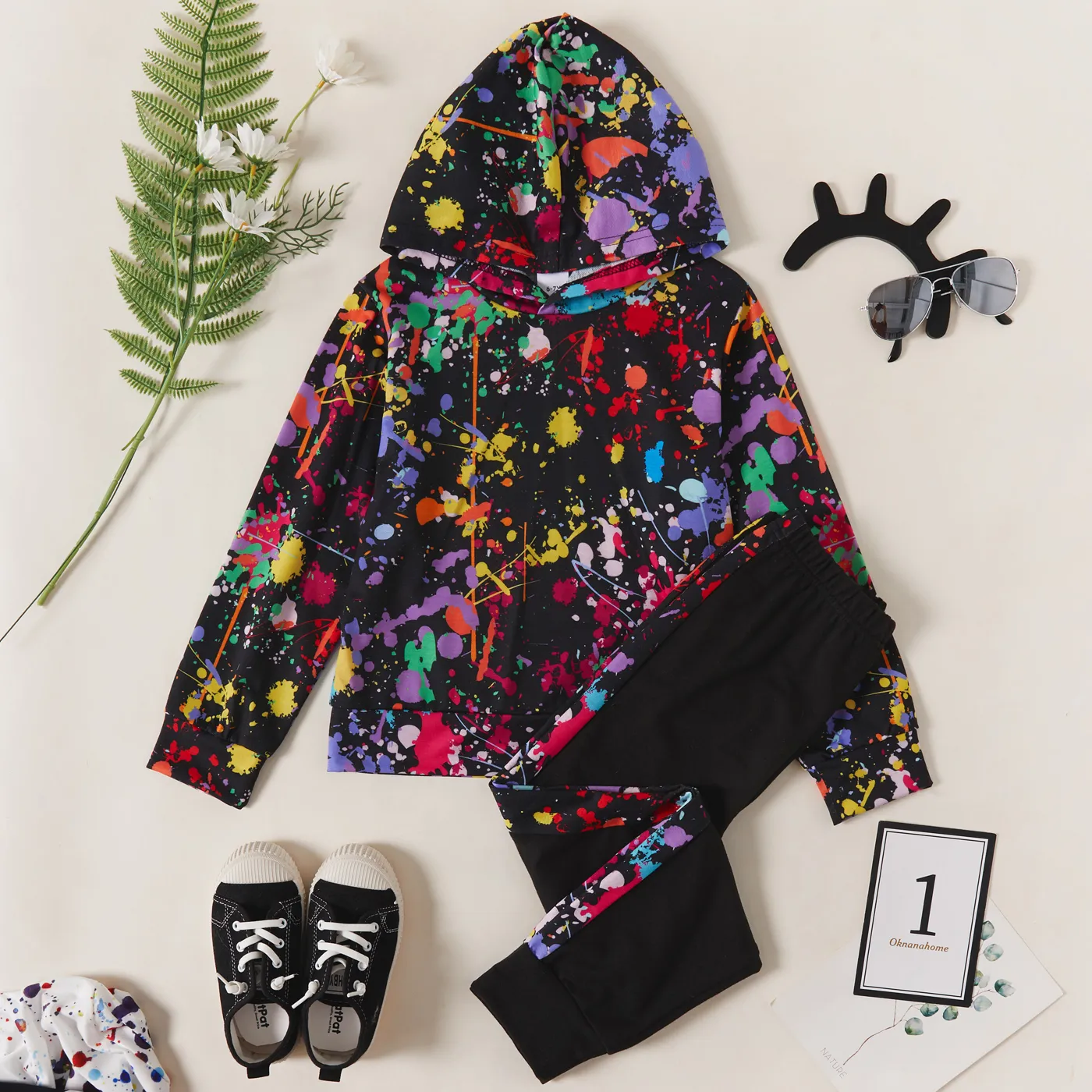 2-piece Kid Boy Painting Print Hoodie and Elasticized Pants Casual Set Black