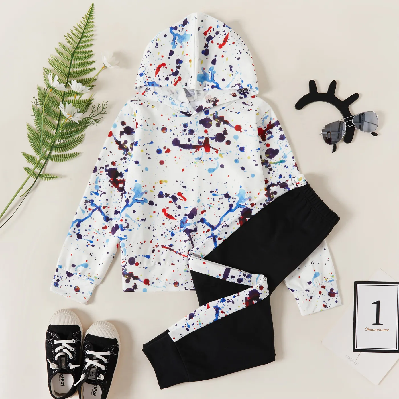 2-piece Kid Boy Painting Print Hoodie and Elasticized Pants Casual Set  big image 1