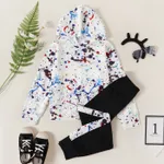2-piece Kid Boy Painting Print Hoodie and Elasticized Pants Casual Set White