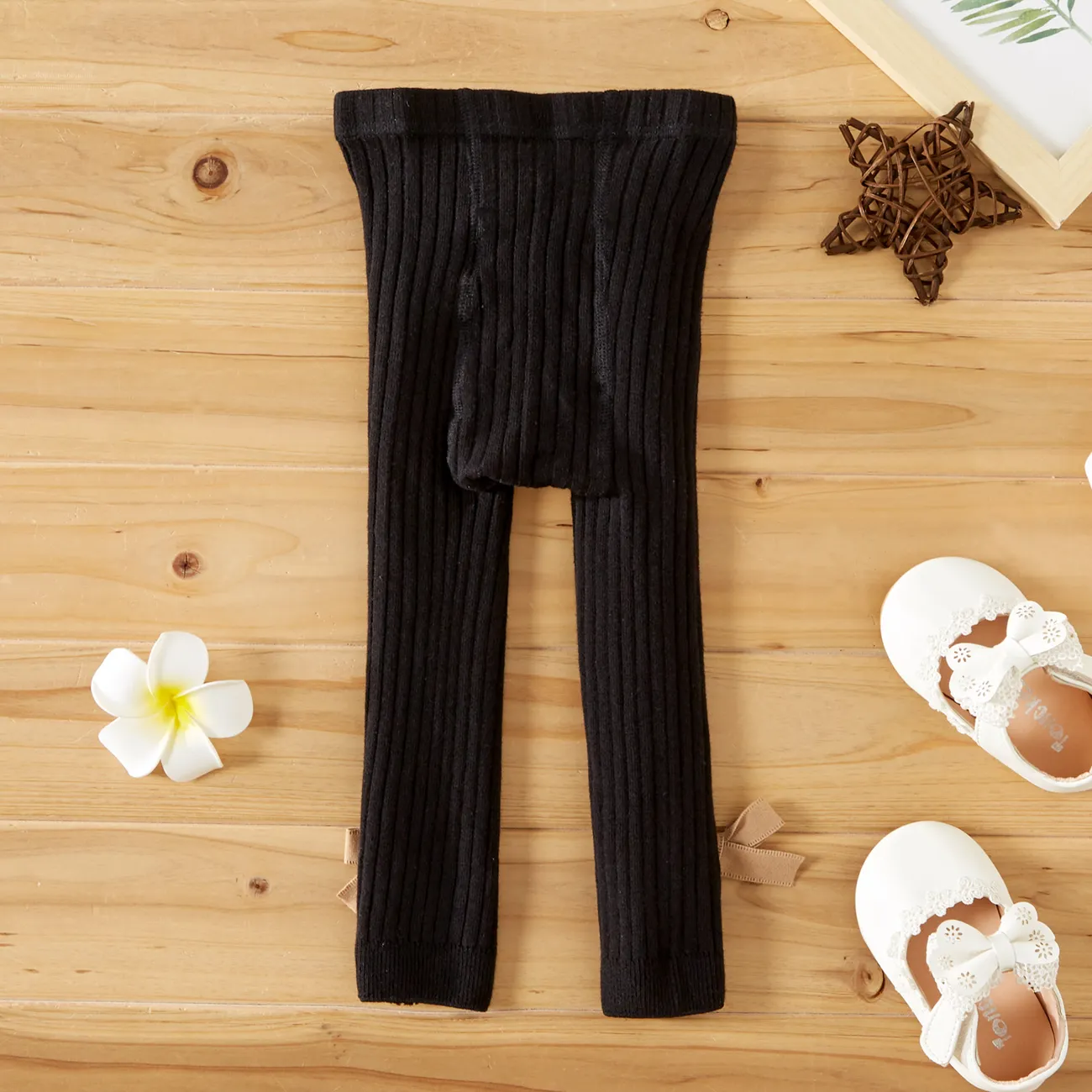 100% Cotton Solid Ribbed Bowknot Baby Stretchy Leggings Black big image 1