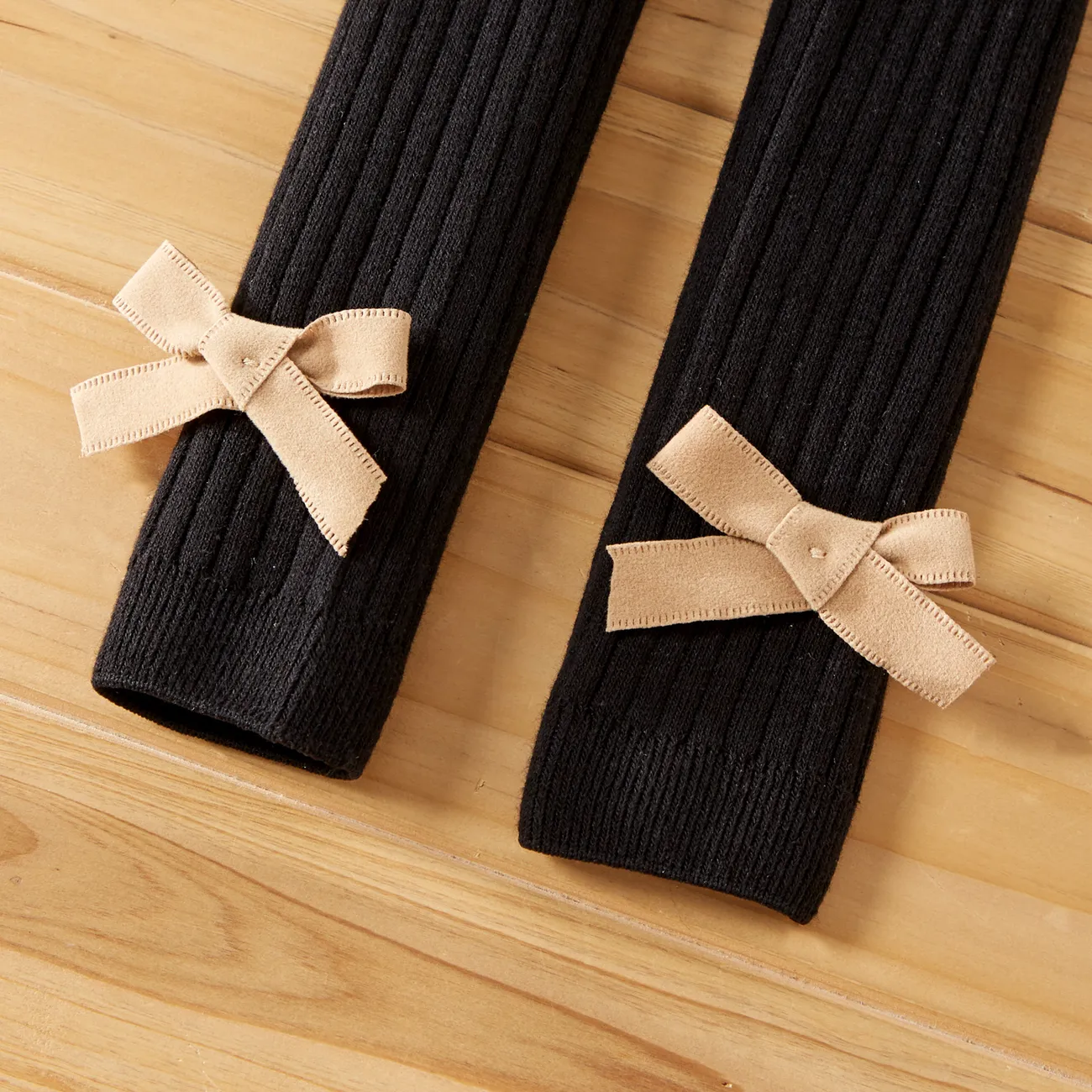 100% Cotton Solid Ribbed Bowknot Baby Stretchy Leggings Black big image 1