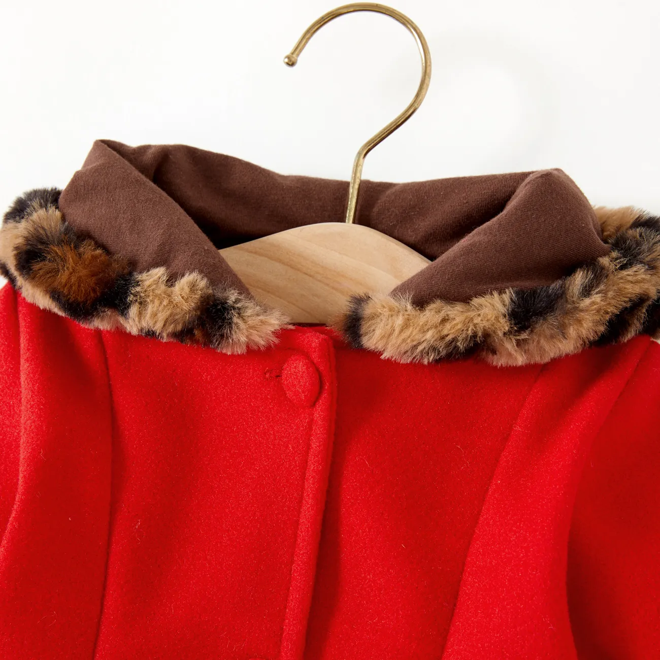 Baby Red Long-sleeve Button Leopard Hooded Wool Blend Coat Red big image 1