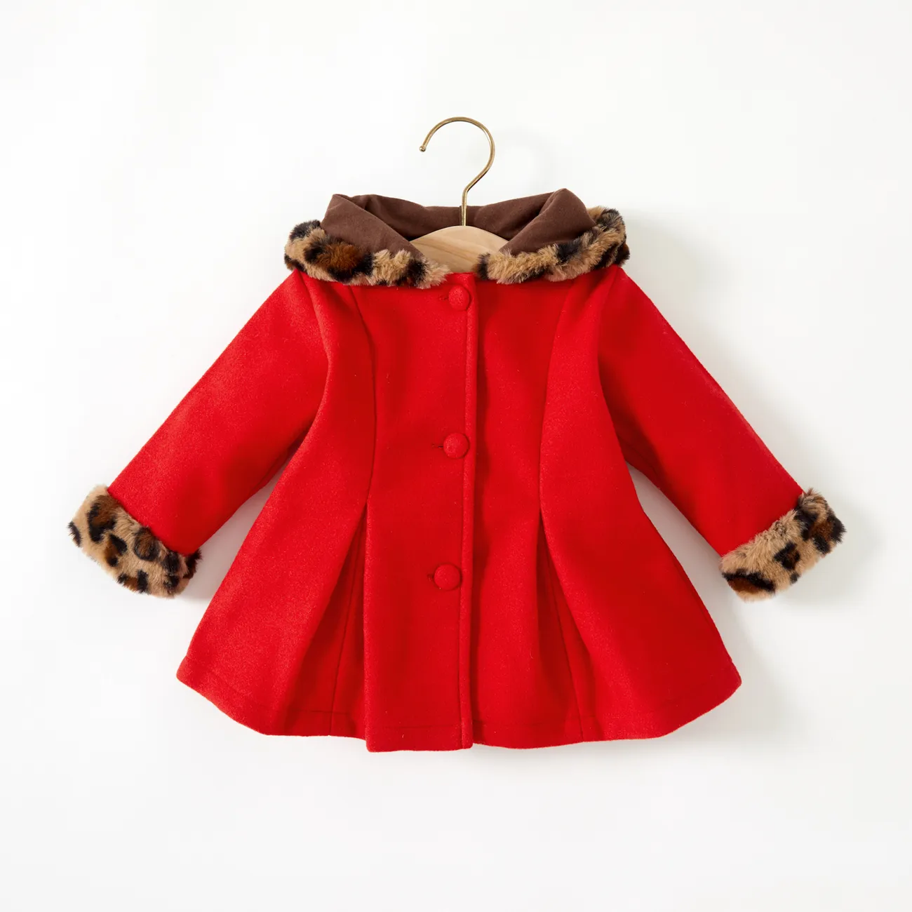 Baby Red Long-sleeve Button Leopard Hooded Wool Blend Coat Red big image 1