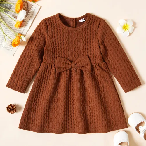 Toddler Girl Bowknot Design Cable Knit Long-sleeve Solid Dress