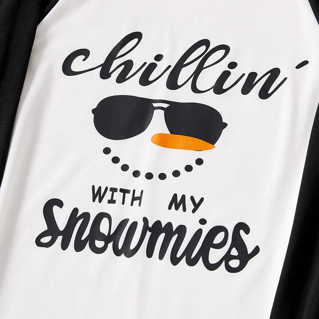 Christmas Snowman Face and Letter Print Family Matching Long-sleeve Pajamas Sets (Flame Resistant) Black/White image 3