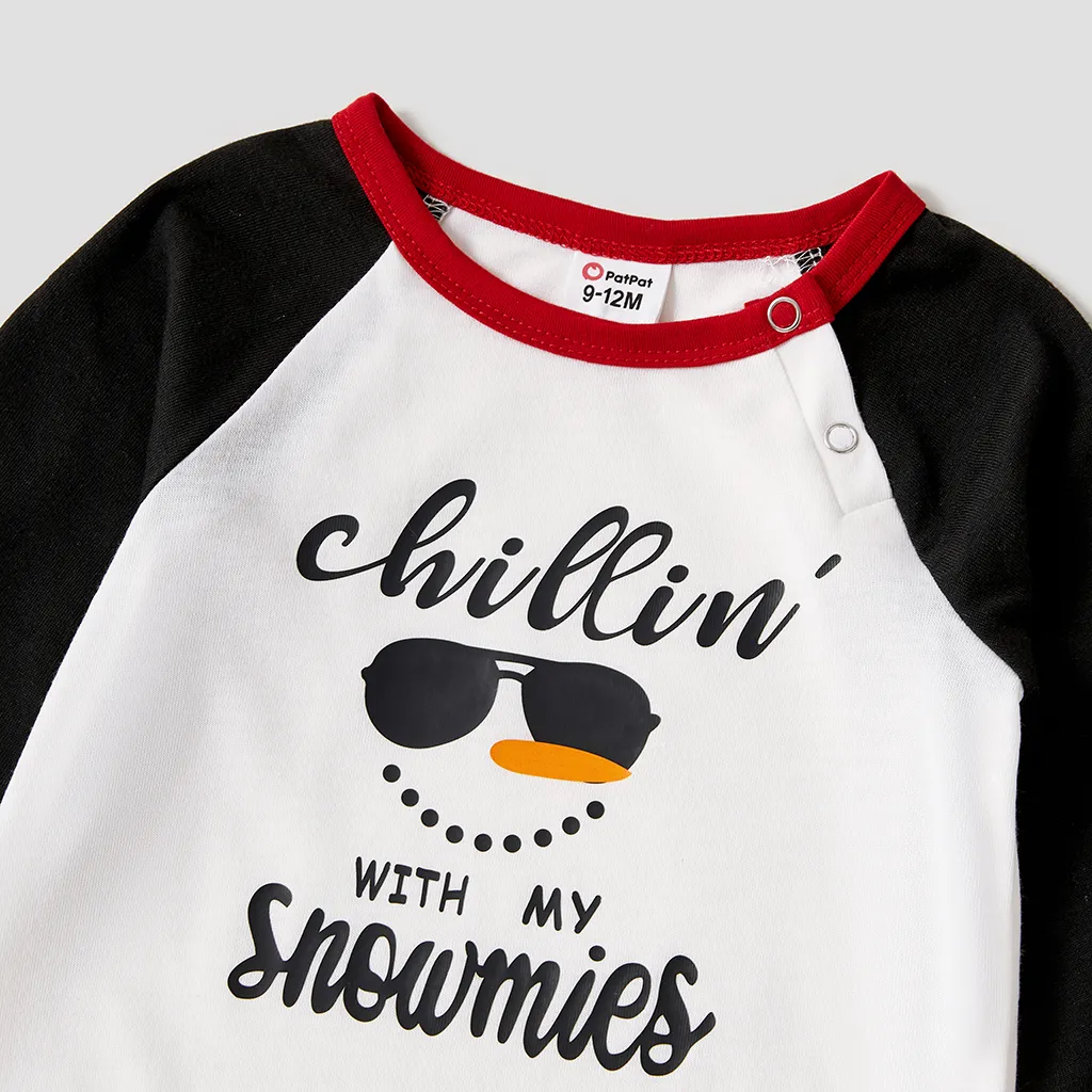 Christmas Snowman Face and Letter Print Family Matching Long-sleeve Pajamas Sets (Flame Resistant) Black/White image 2