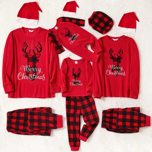 Christmas Deer and Letter Embroidered Red Family Matching Long-sleeve Thickened Polar Fleece Pajamas Sets (Flame Resistant)